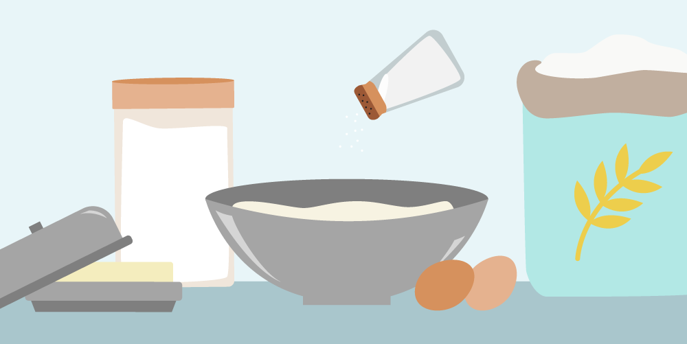 butter, sugar, bowl, salt, eggs, flour