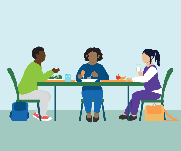 three children eating lunch at school