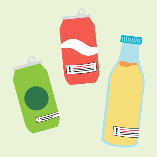 two pop cans and one bottle orange juice, all have warning labels